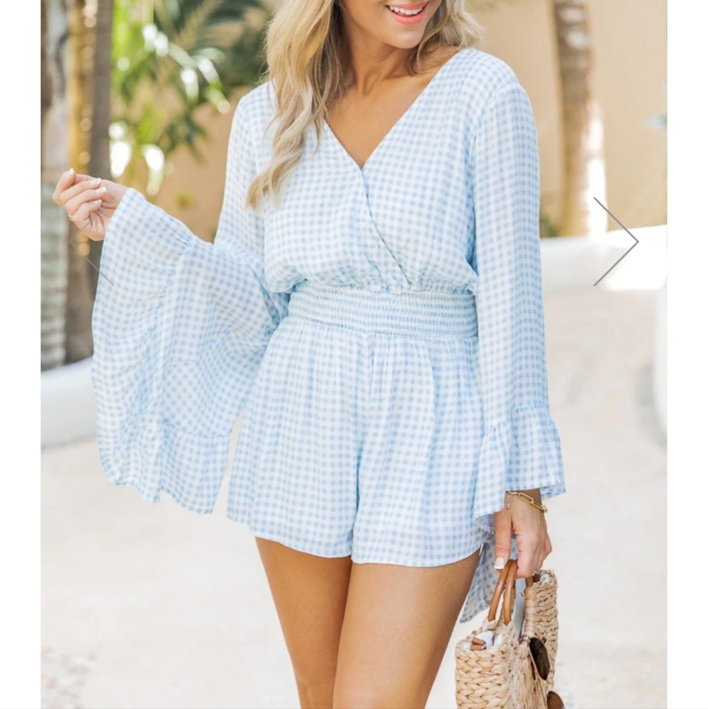Blue gingham romper Pink Lily NWOT